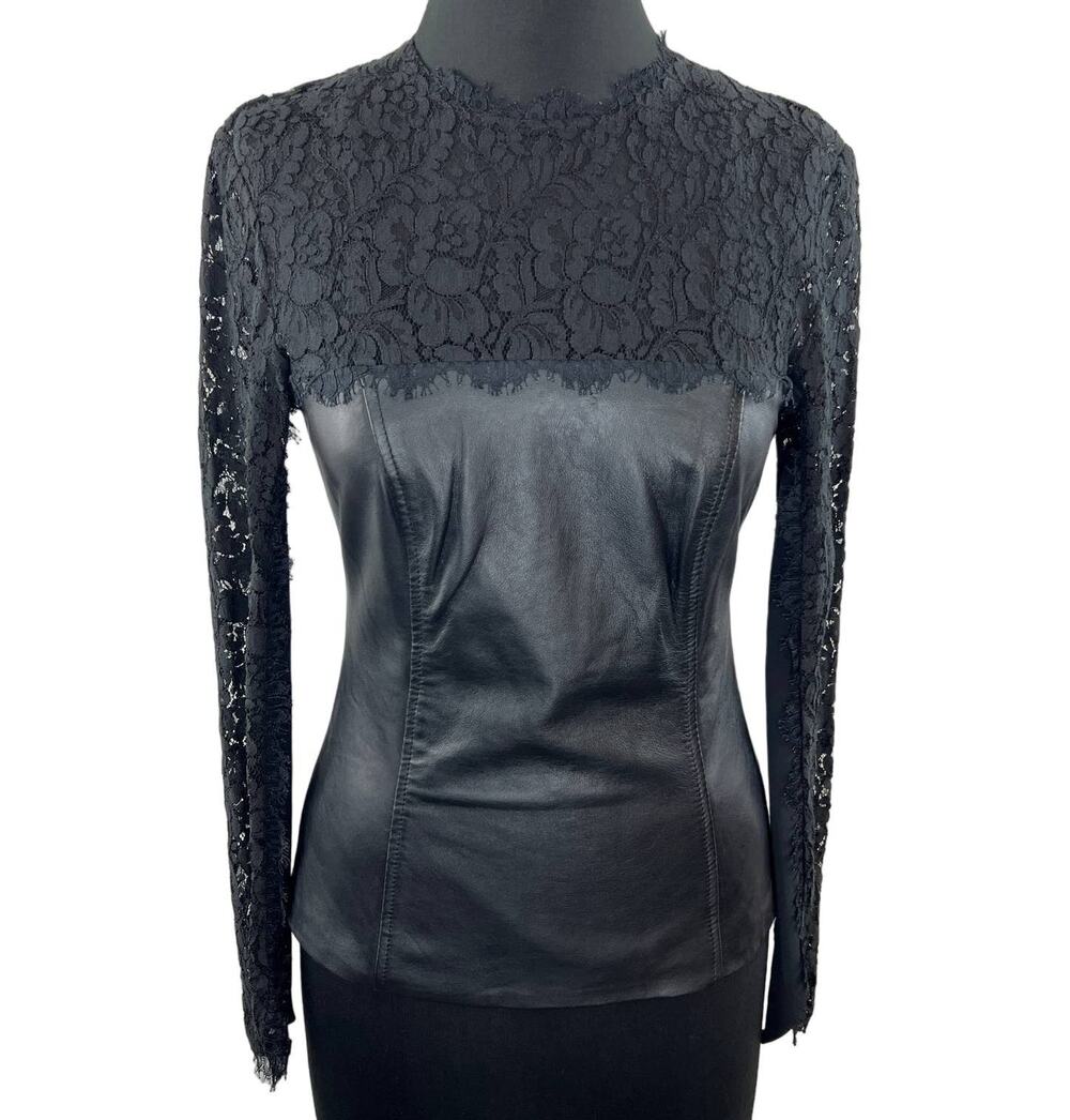 Artelier Nicole Miller Black Leather & Lace Long Sleeve Blouse Back Zip 2 XS
